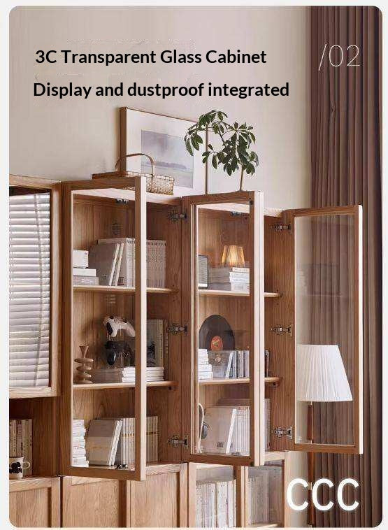 Oak Solid Wood Bookcase with Glass Doors, Large Oak Storage Cabinet for Living Room Display