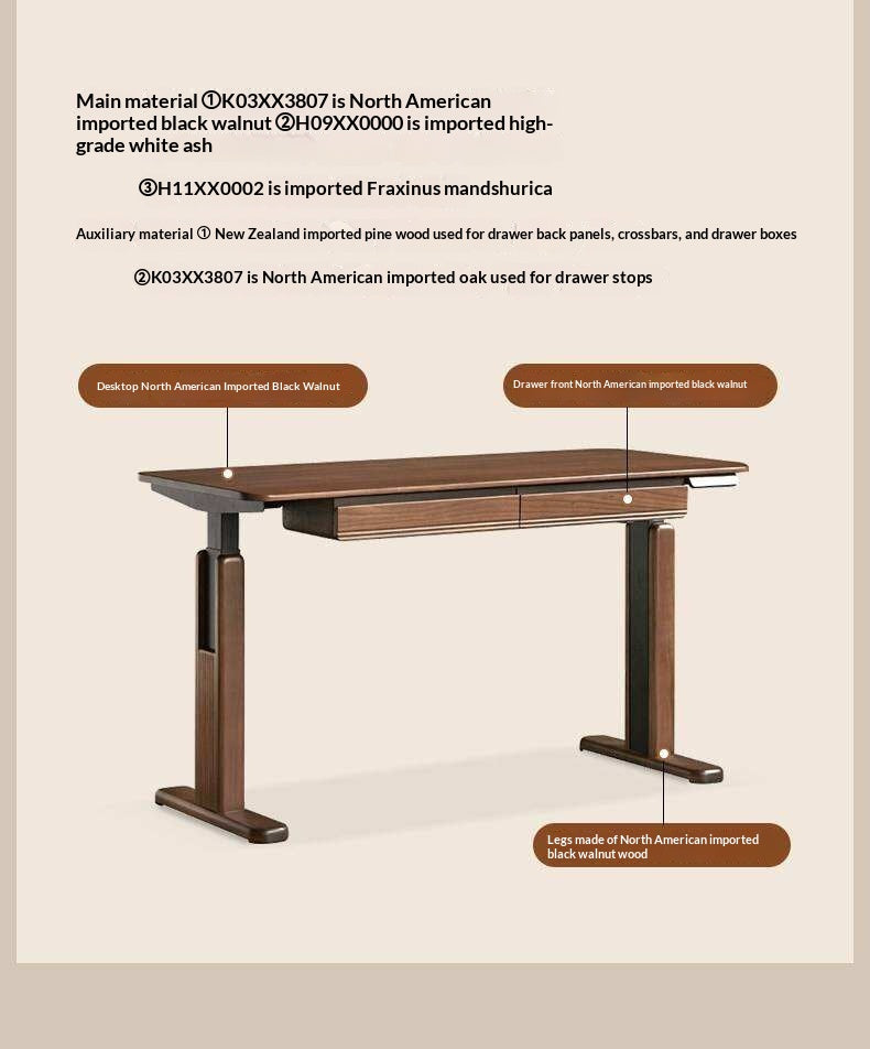 Black Walnut, White Ash Solid Wood Electric Height-Adjustable Standing Desk with Storage Drawers