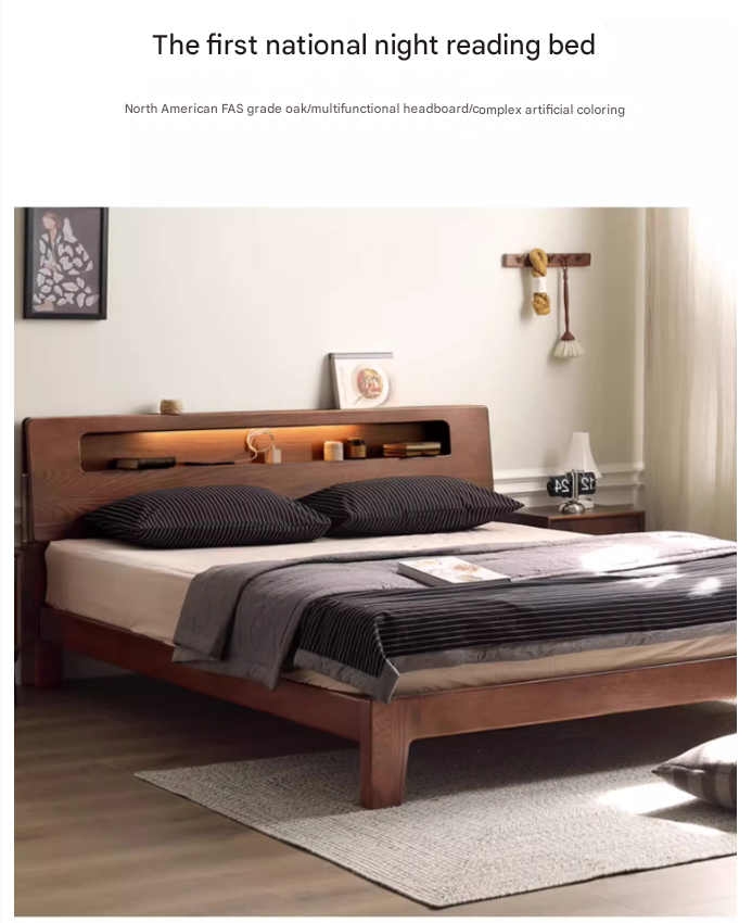 Oak solid wood bed with light