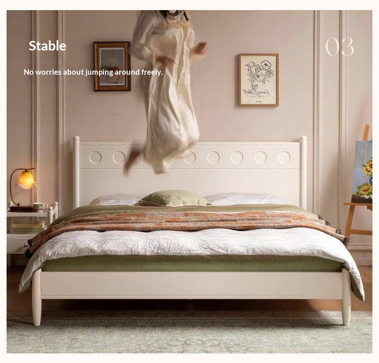 Rubberwood Solid Wood Platform Bed with Carved Dot Headboard and Spindle Legs