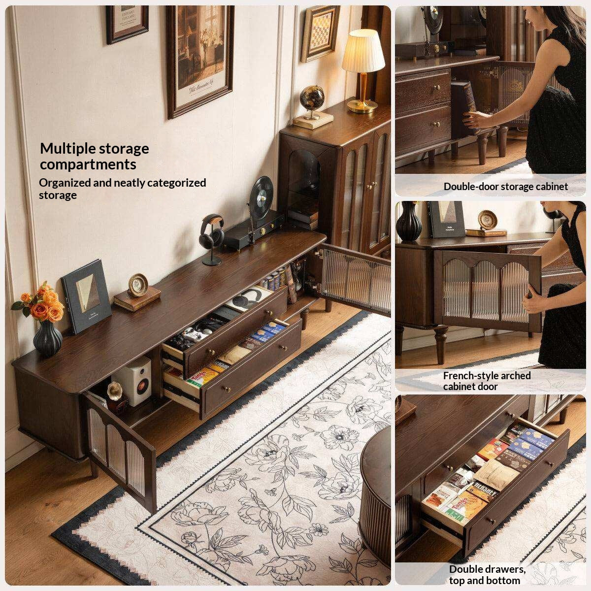 Ash Solid Wood TV Stand with American Retro Design and Tall Storage Cabinet