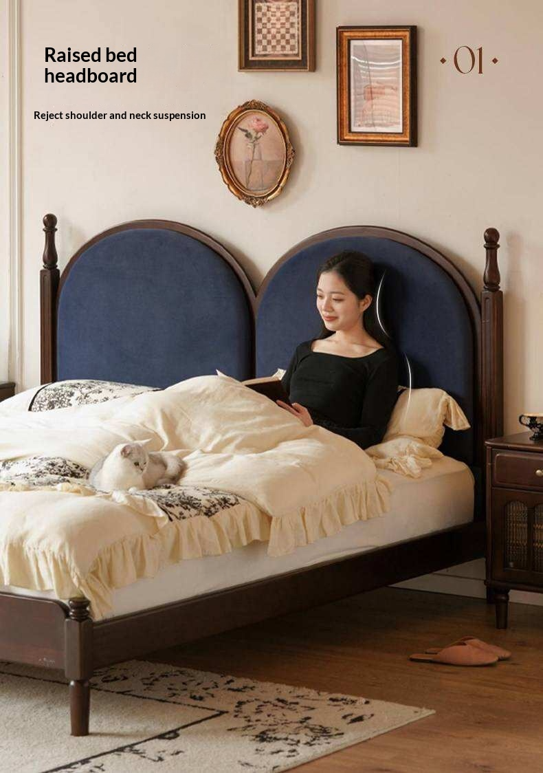 Poplar Solid Wood Bed with Double Arched Upholstered Headboard and Turned Wood Posts