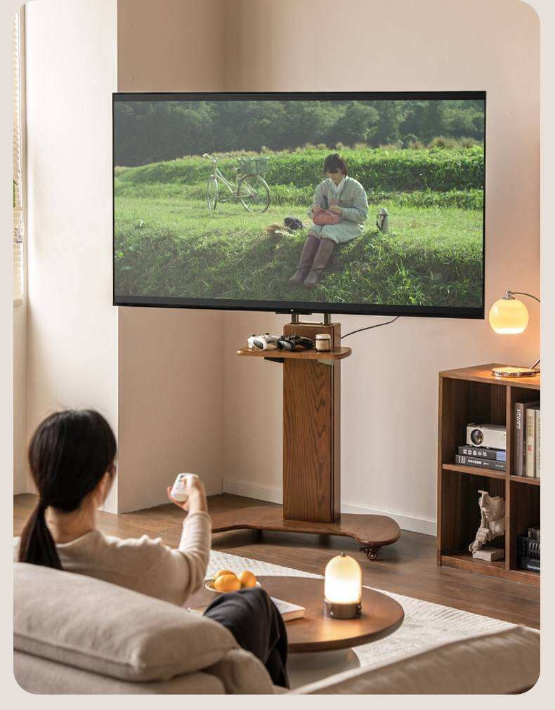 Oak Solid Wood TV Stand with Open Wall Rack and Mobile Cart Base