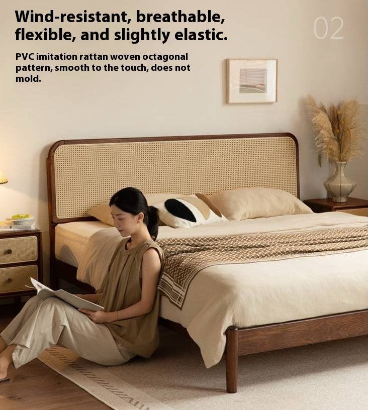Oak Solid Wood Rattan Bed