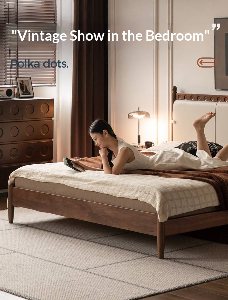 Black Walnut Solid Wood Bed — French Retro Style with Soft Backrest and Genuine Leather Upholstery