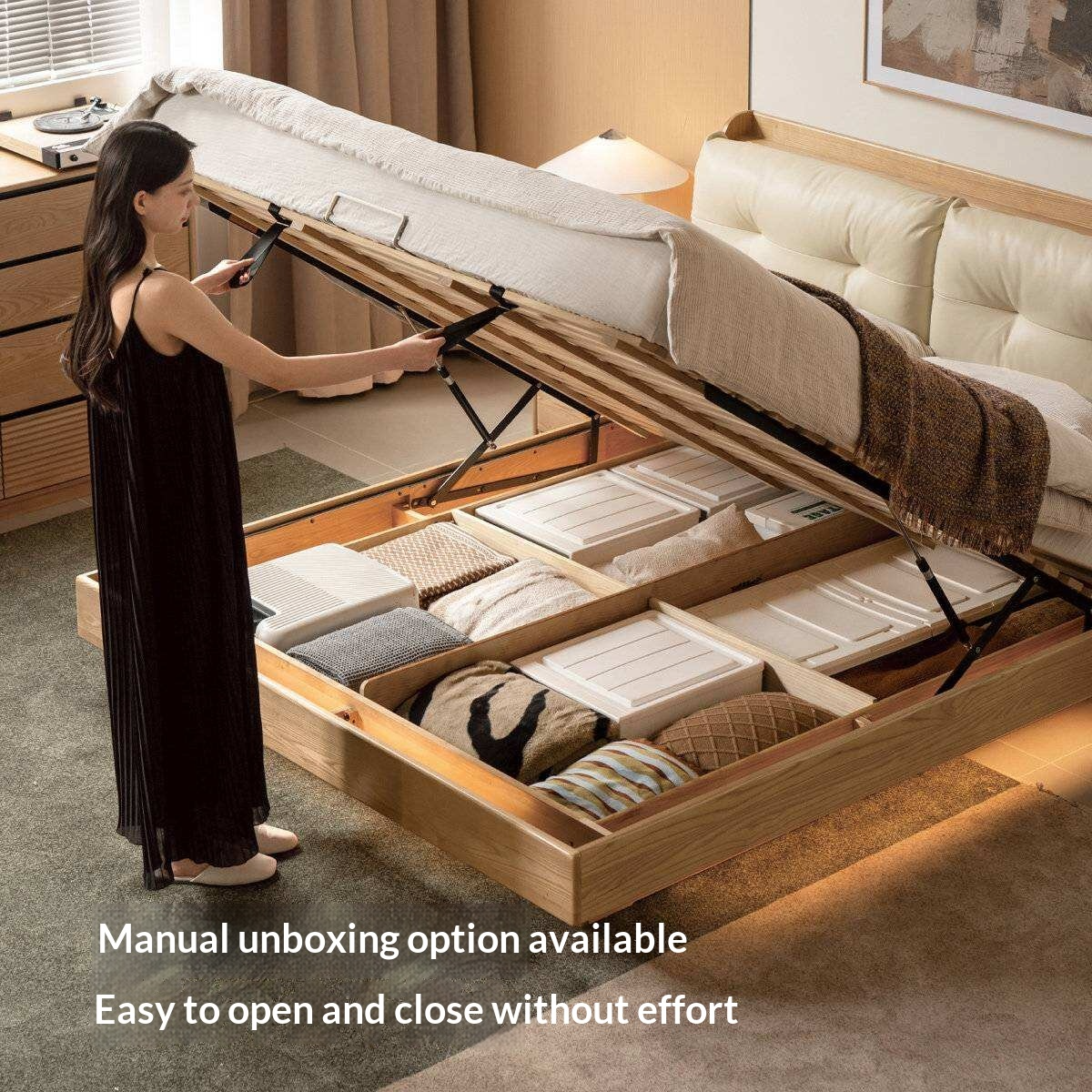 Ash Solid Wood Genuine Leather Upholstered Storage Bed with Electric Lift and LED Lighting