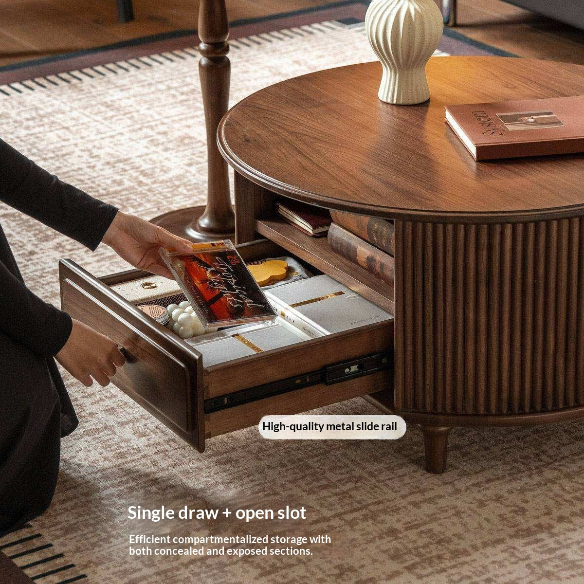 Black Walnut Solid Wood Coffee Table with Storage Drawer, Mid Century