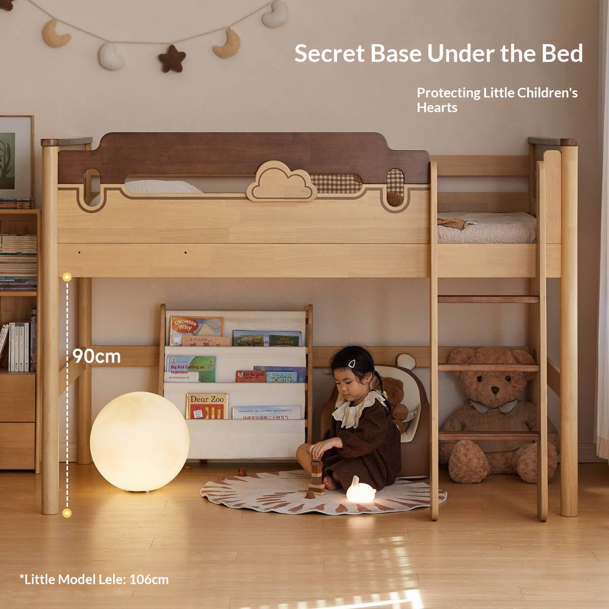 Rubberwood Solid Wood Children's Loft Bed with Under-Bed Cabinets