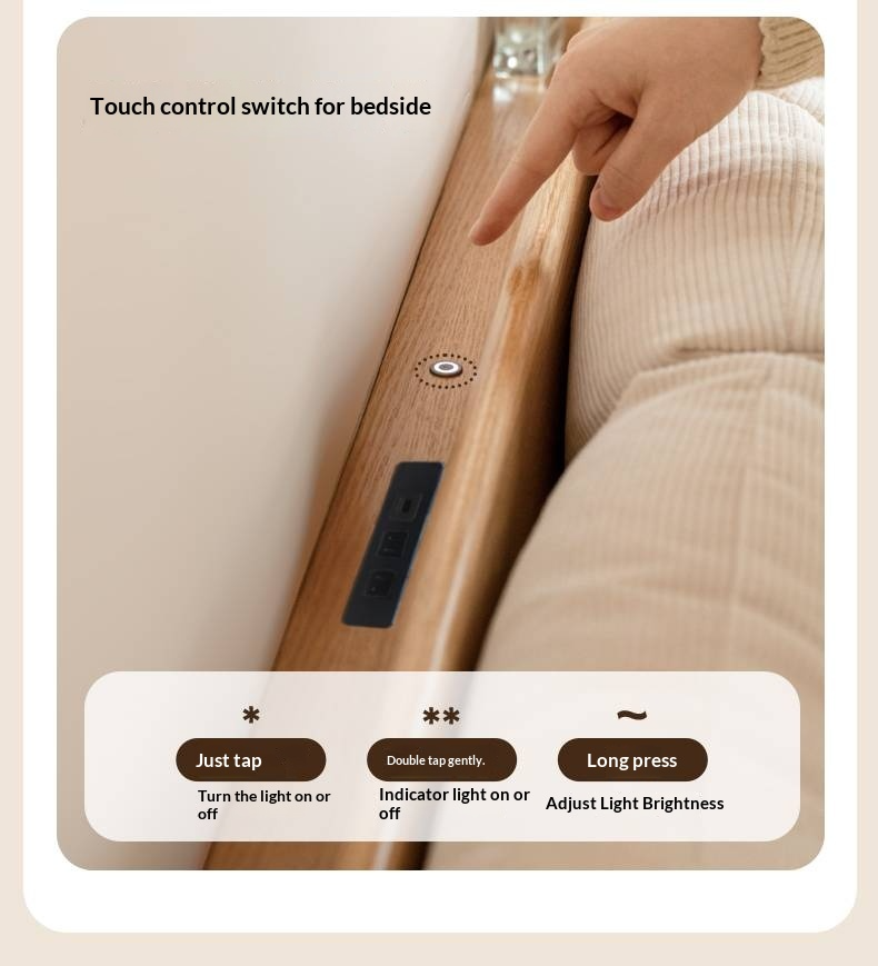 Oak Solid Wood with Upholstered Headboard Luminous Box Bed Cream Style