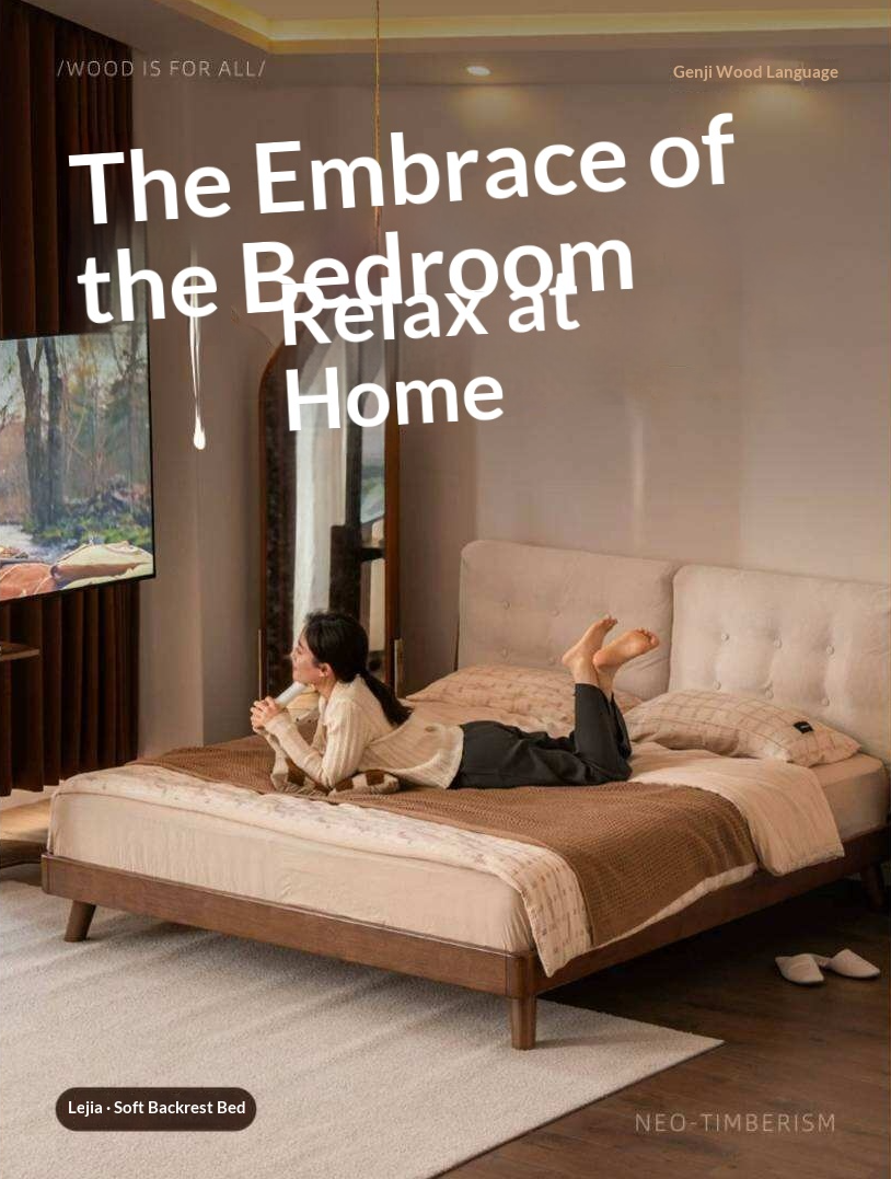 Rubberwood Solid Wood Bed with Oversized Soft Pillow Headboard
