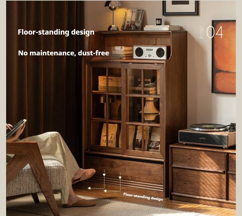 Black Walnut, Oak Solid Wood Bookcase with Storage Cabinet and Built-In Light