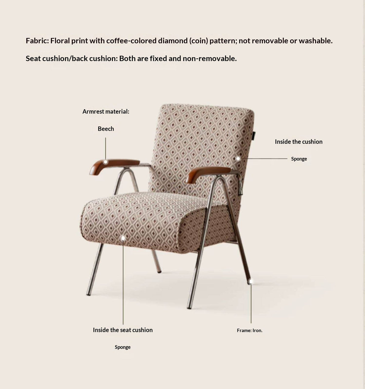 Beech Solid Wood Retro Fabric Lounge Chair – Metal Frame Accent Chair