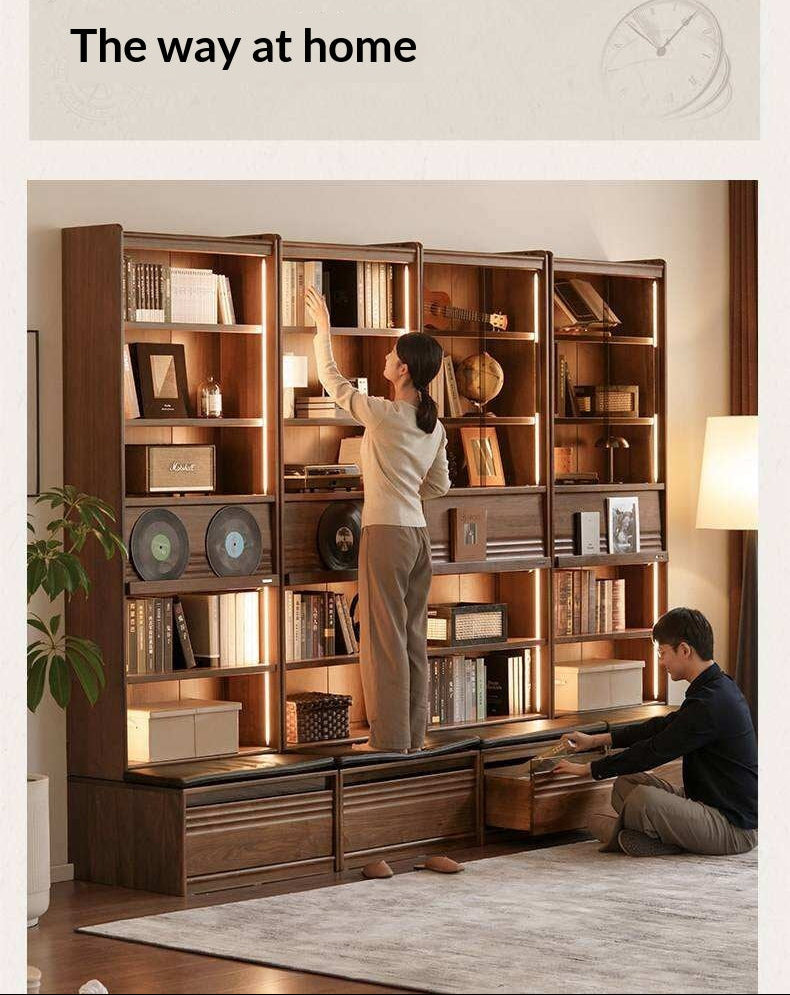 Black Walnut Solid Wood Integrated Wall Bookcase with Floor Display