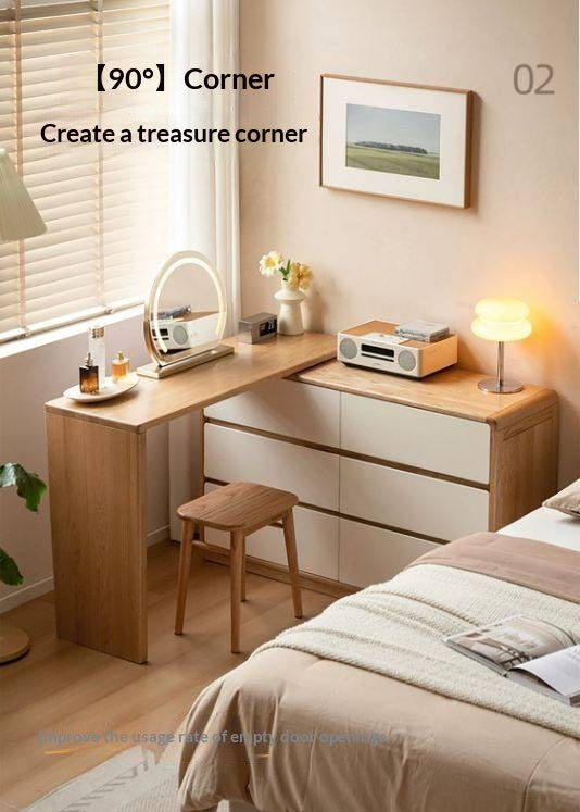 Oak Solid Wood Vanity Table & Storage Cabinet Set Cream Style