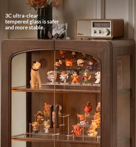 Black Walnut Solid Wood Side Cabinet with LED Lighting and Glass Panels