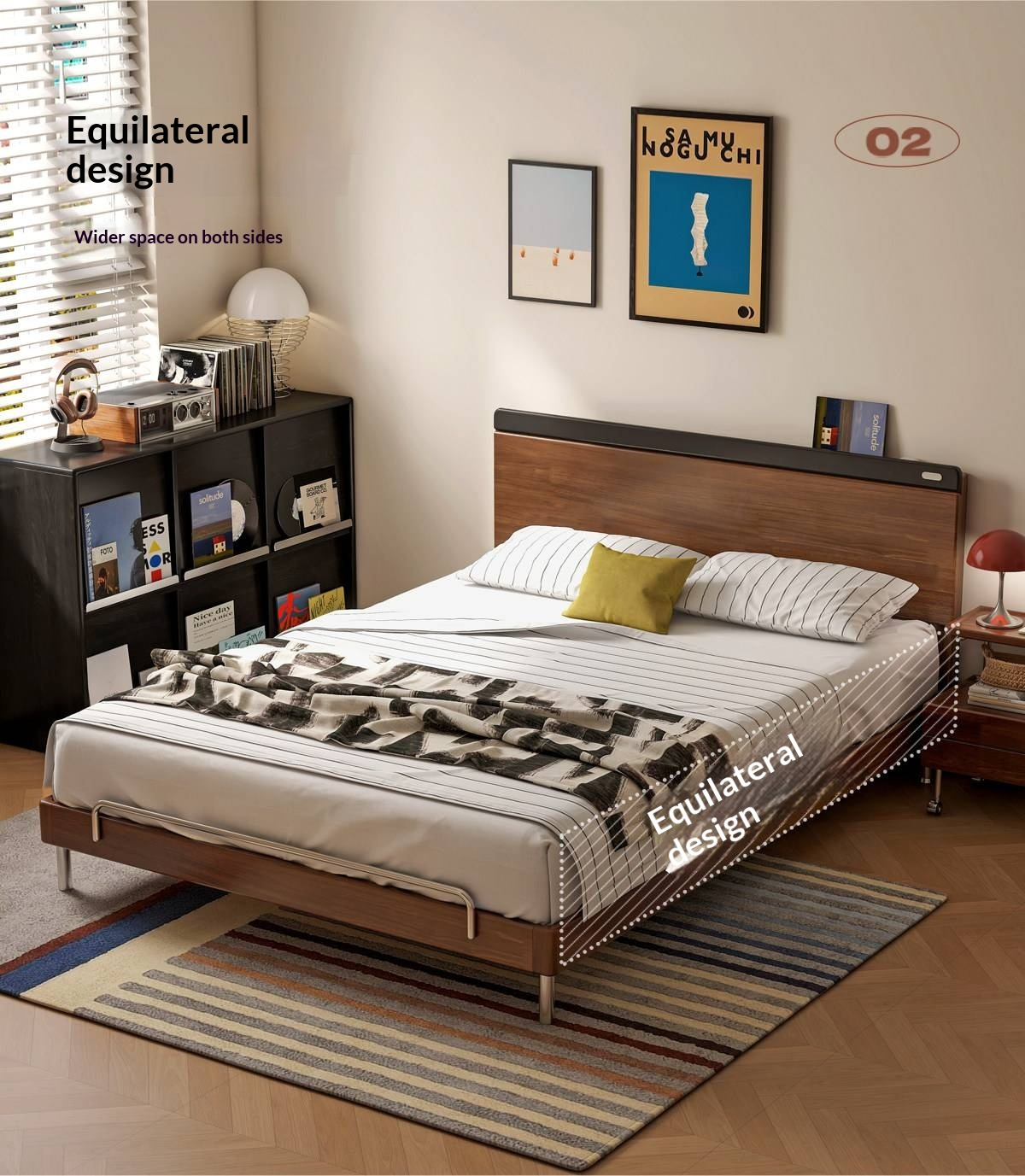Rubberwood Solid Wood Platform Bed with Metal Legs and Two-Tone Headboard