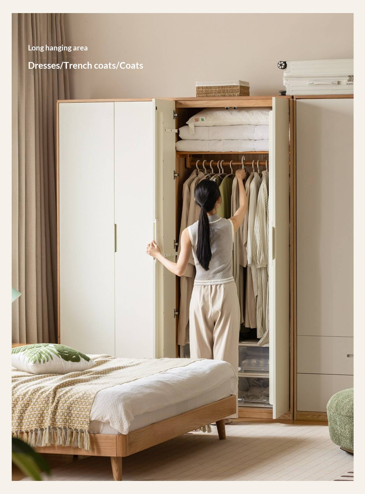 Oak Solid Wood Armoire Wardrobe with Hanging Rod and Drawers
