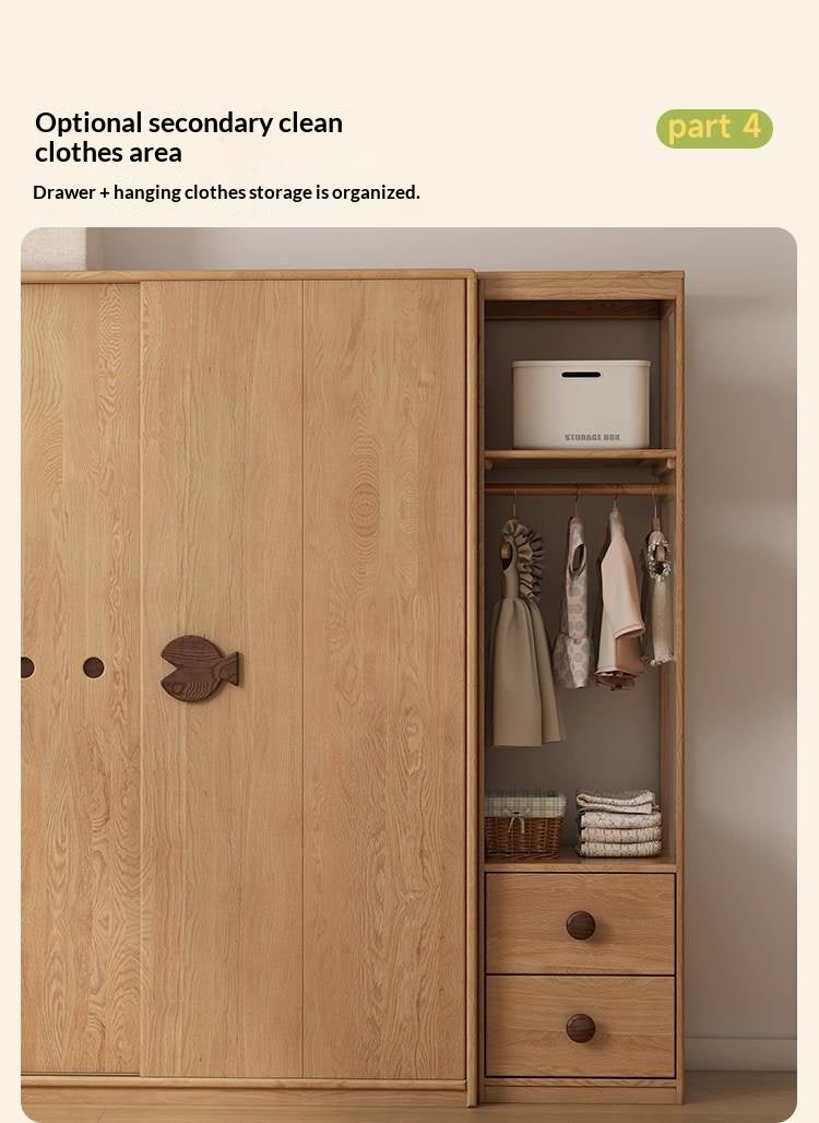 Beech Solid Wood Kids Sliding Door Wardrobe with Adjustable Shelves