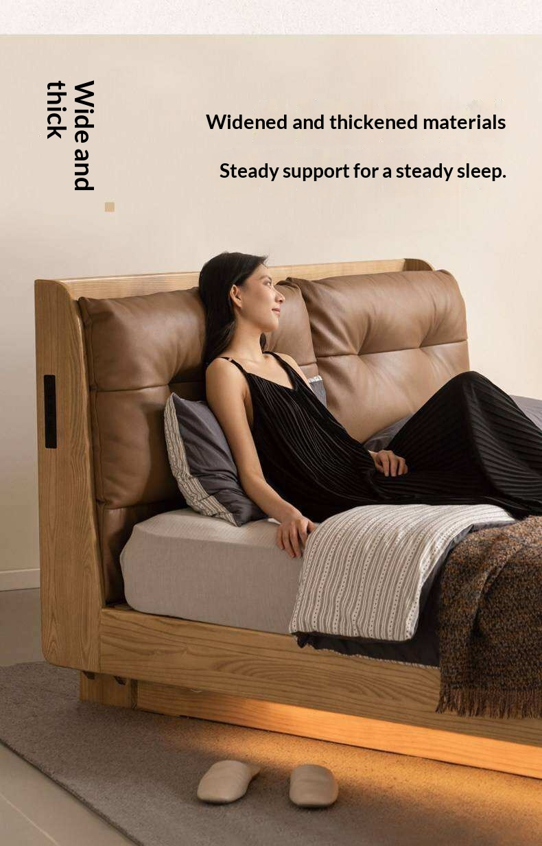Ash Solid Wood Genuine Leather Upholstered Storage Bed with Electric Lift and LED Lighting