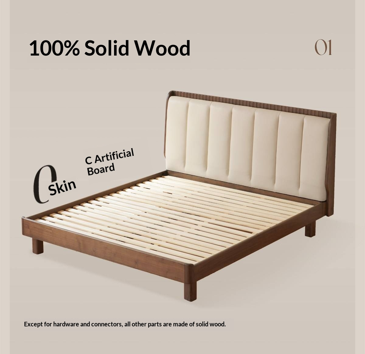 Black Walnut, Golden Sandalwood Solid Wood Genuine Leather Extra Tall Vertical Channel Tufted Platform Bed