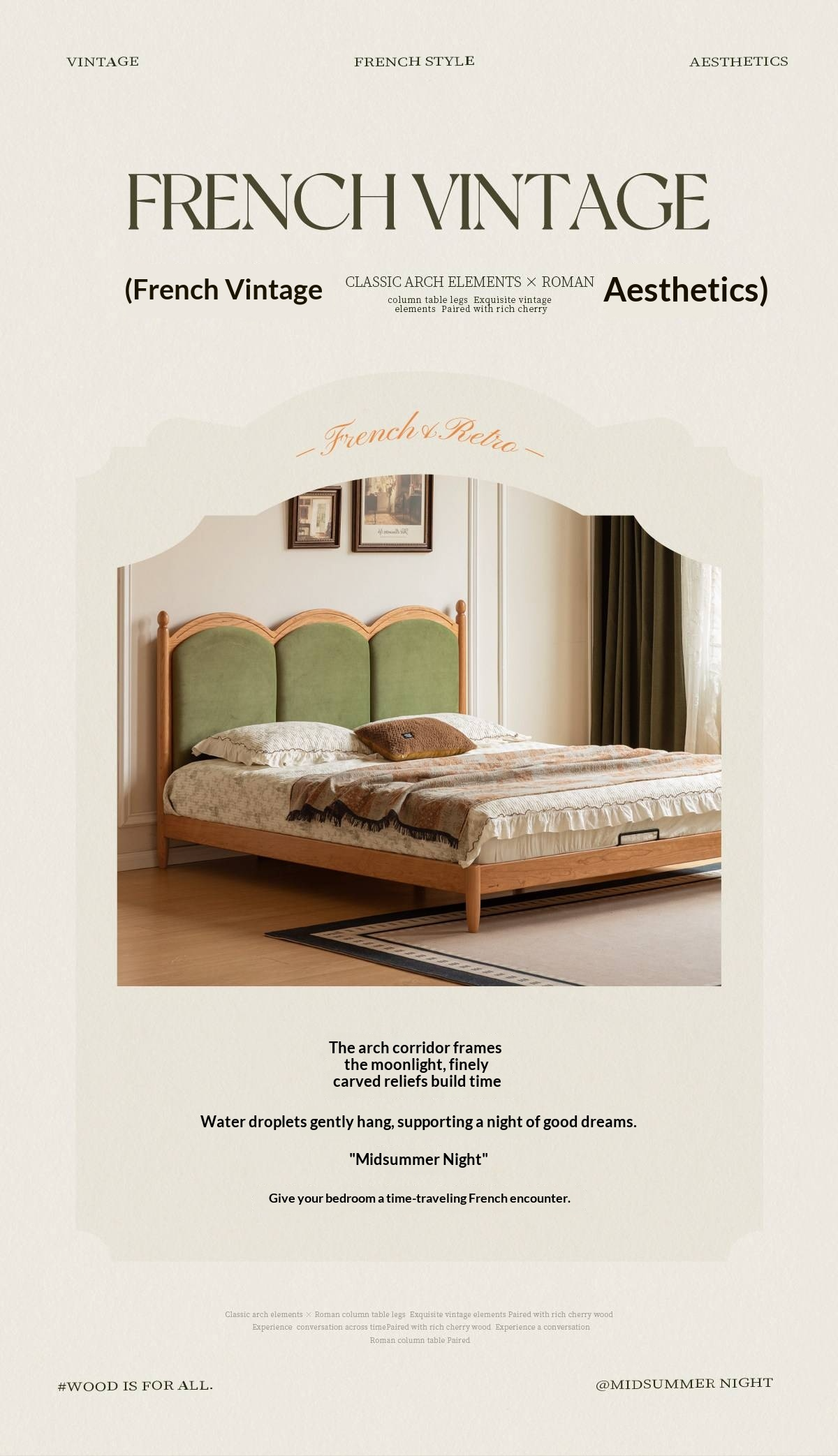 Cherry Wood Solid Wood French Country Bed with Scalloped Arch Panel Headboard