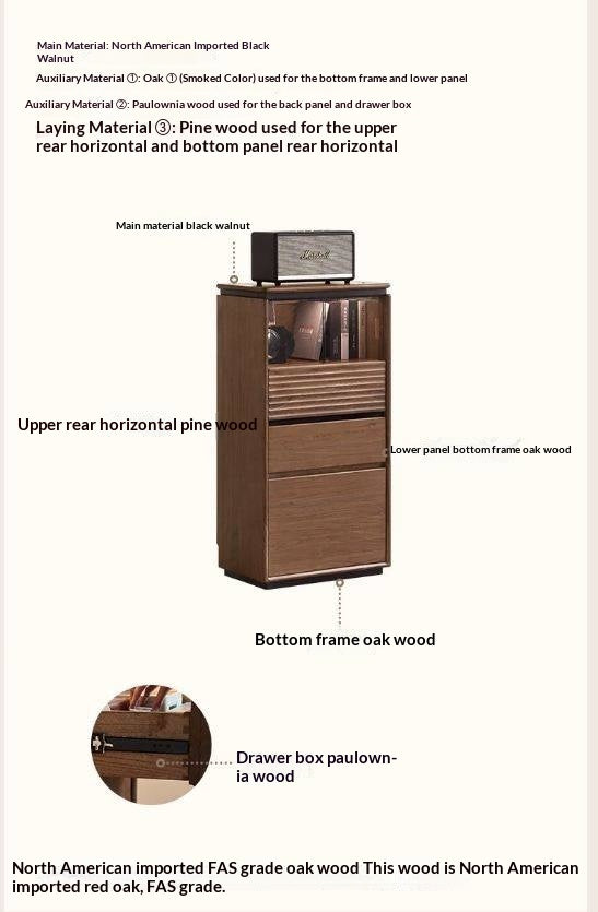 Black Walnut, Ash, Oak Solid Wood Tall Side Cabinet with Louvered Sliding Door and LED Lighting