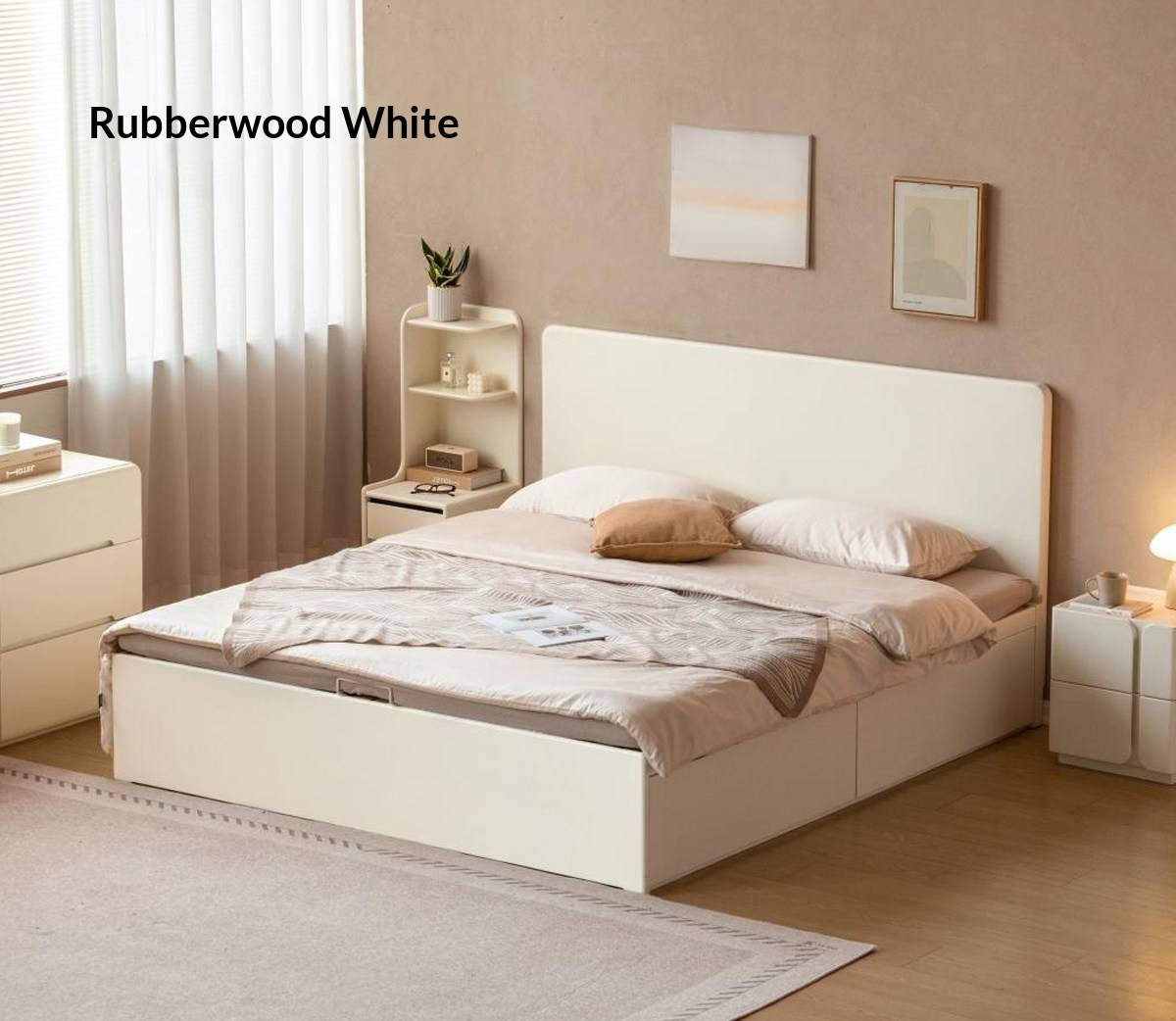 Rubberwood Solid Wood Platform Storage Bed with Gas Lift Base and Side Drawers