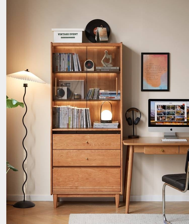 Cherry Solid Wood Glass Bookcase.