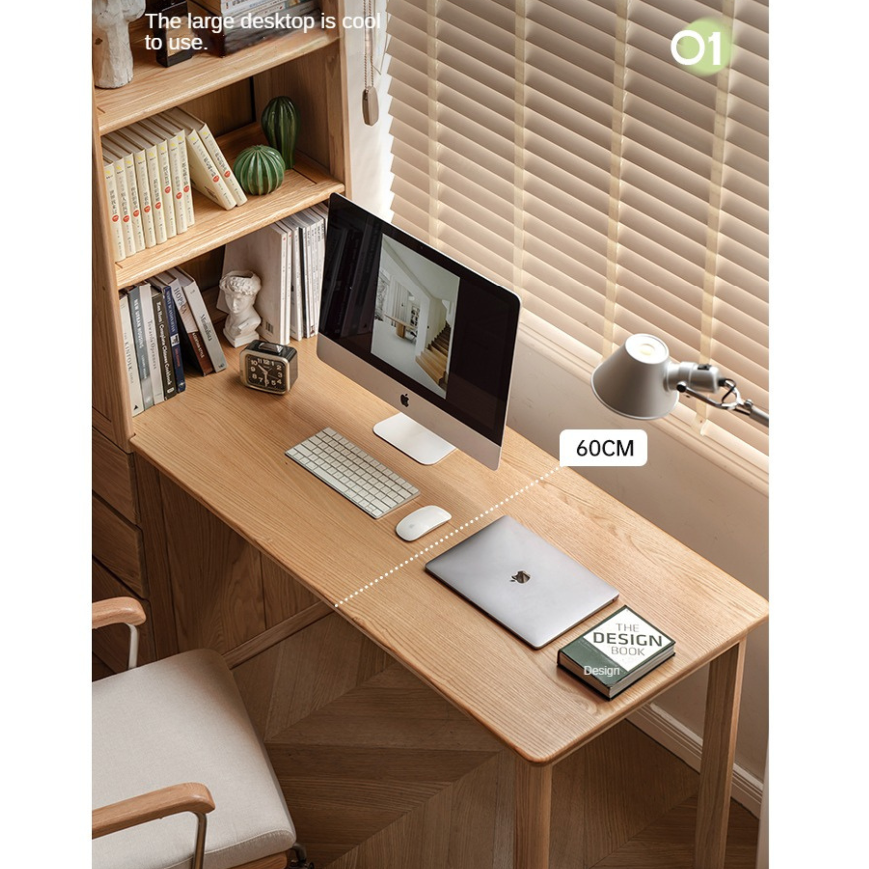 Oak Solid Wood Desk with Bookshelf and Drawer-