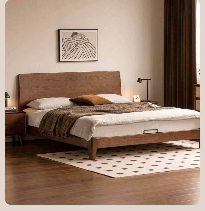 Oak Solid Wood Bed Platform Bed with Rectangular Panel Headboard and Tapered Legs