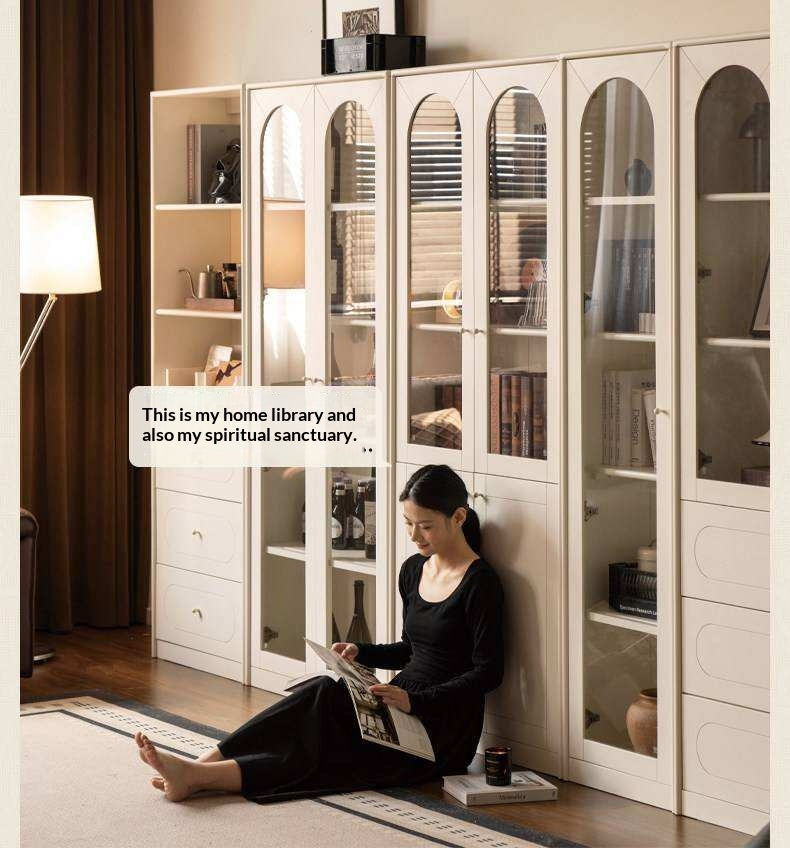 Solid RubberWood Bookcase White With Glass Door French Cream Style