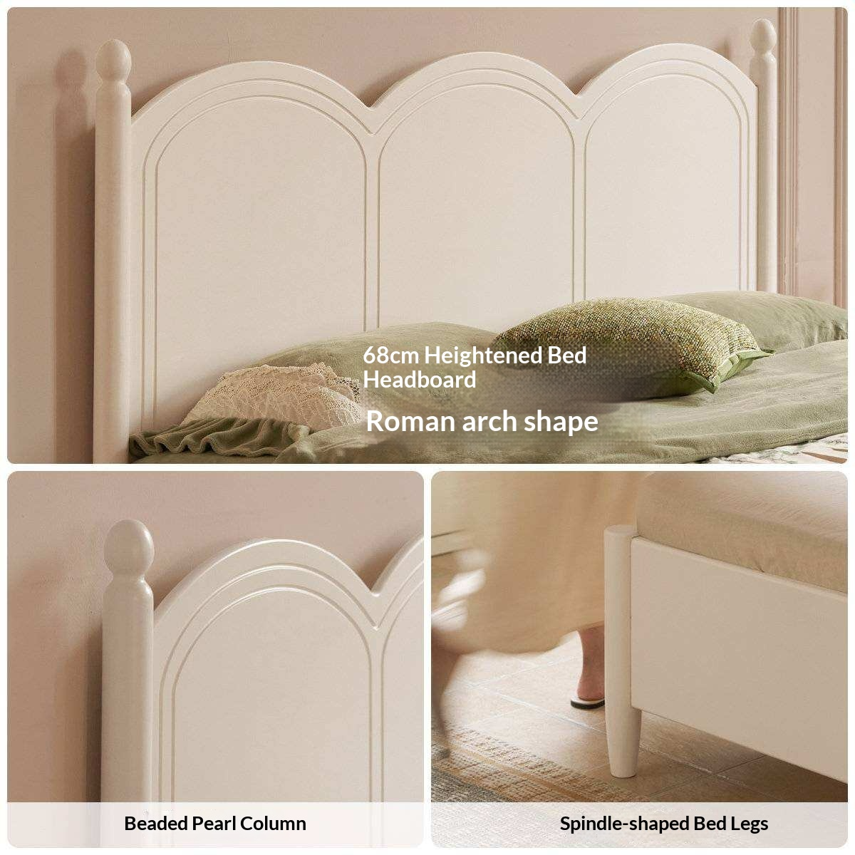 Rubberwood Solid Wood Bed with White Cream Style Large Box Frame