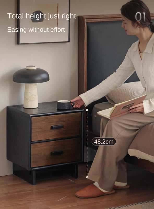 Black Walnut + Oar Solid Wood Two-Tone 2-Drawer Nightstand with Black Legs and Bar Pulls