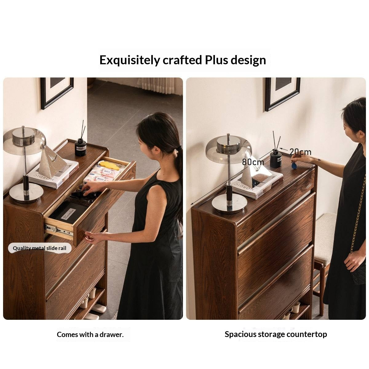 Oak Solid Wood Shoe Cabinet with Flip Doors and Light Italian Luxury Finish