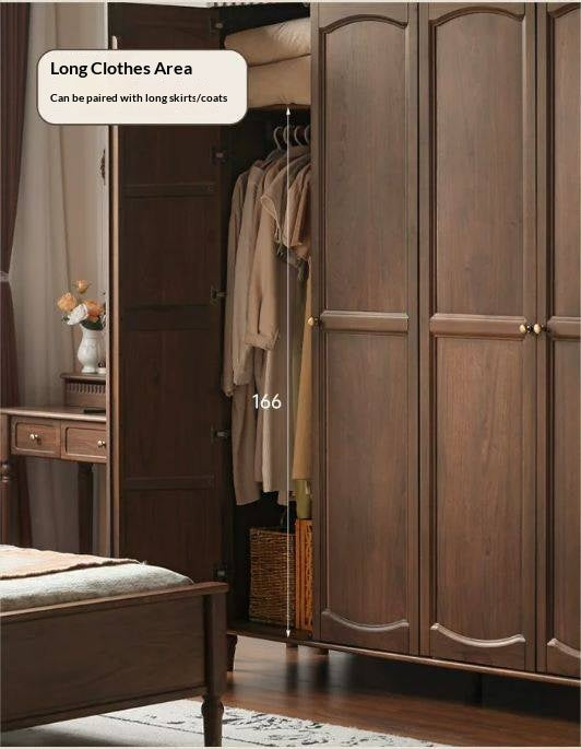 Black Walnut Solid Wood Wardrobe with American Retro Style and Light Luxury Finish