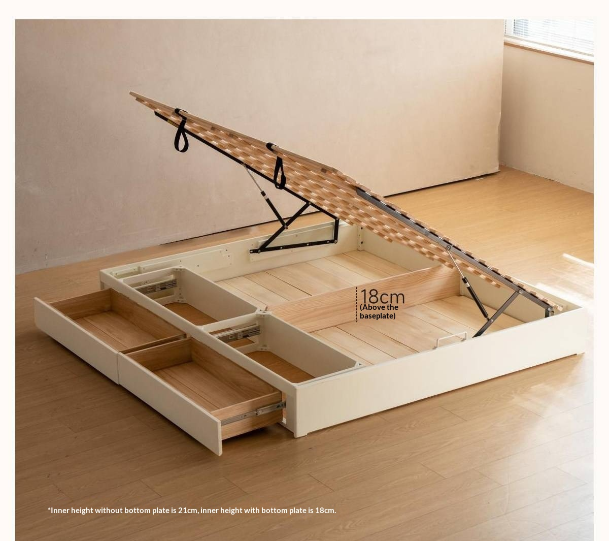 Rubberwood Solid Wood Platform Storage Bed with Gas Lift Base and Side Drawers