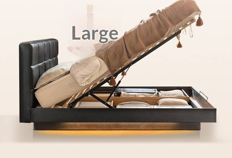 Oak Solid Wood Genuine Leather Upholstered Box Bed Retro Black Floating Bed