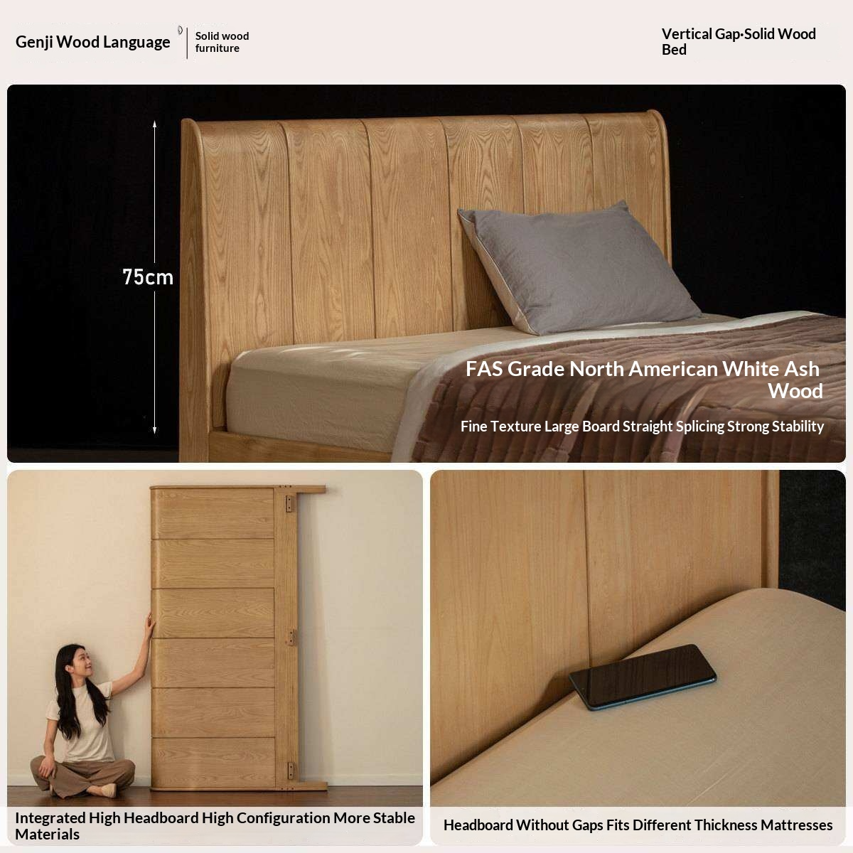 Ash Solid Wood Channel Tufted Platform Bed