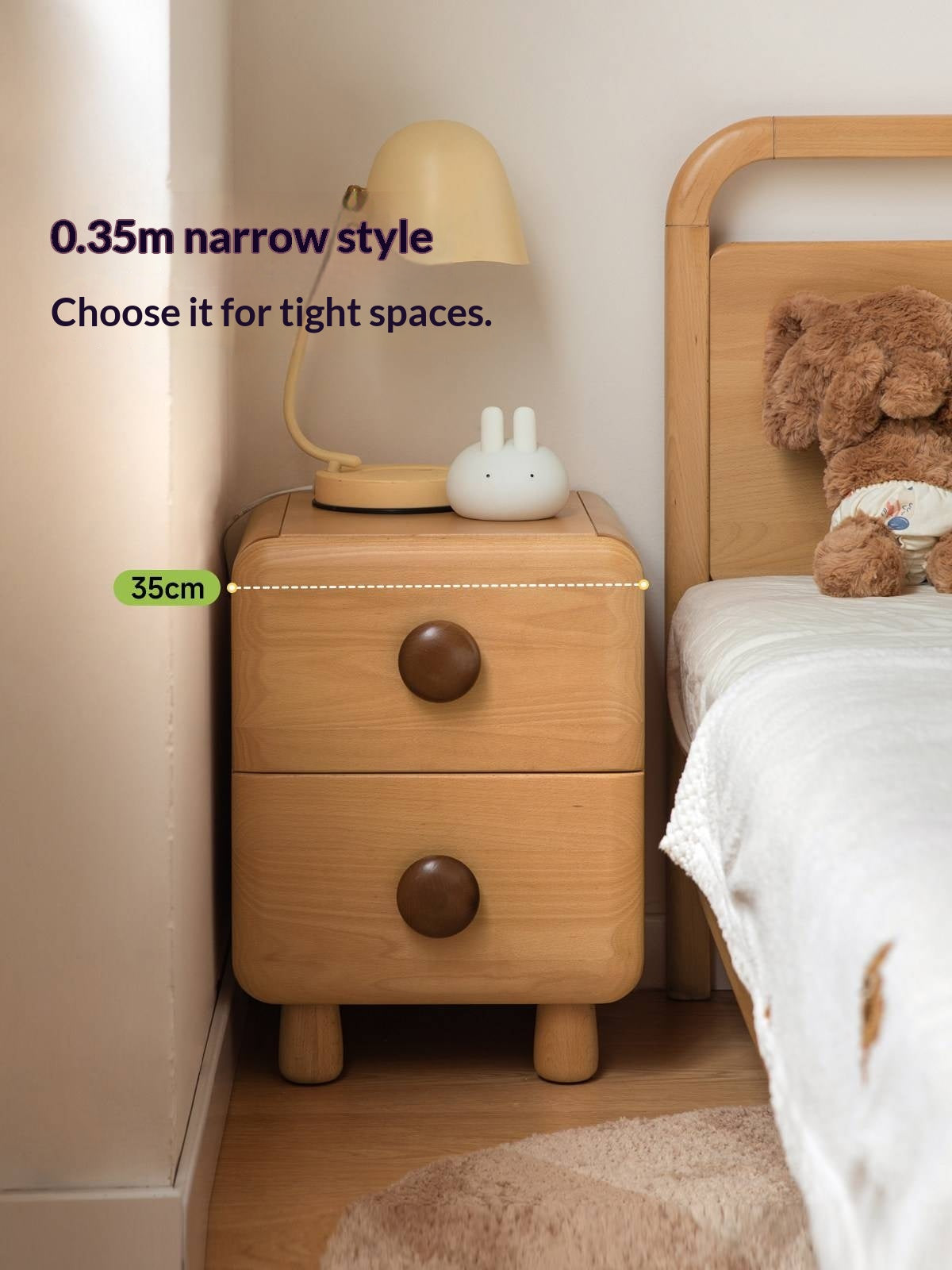 Beech Solid Wood, Solid RubberWood Kids Nightstand