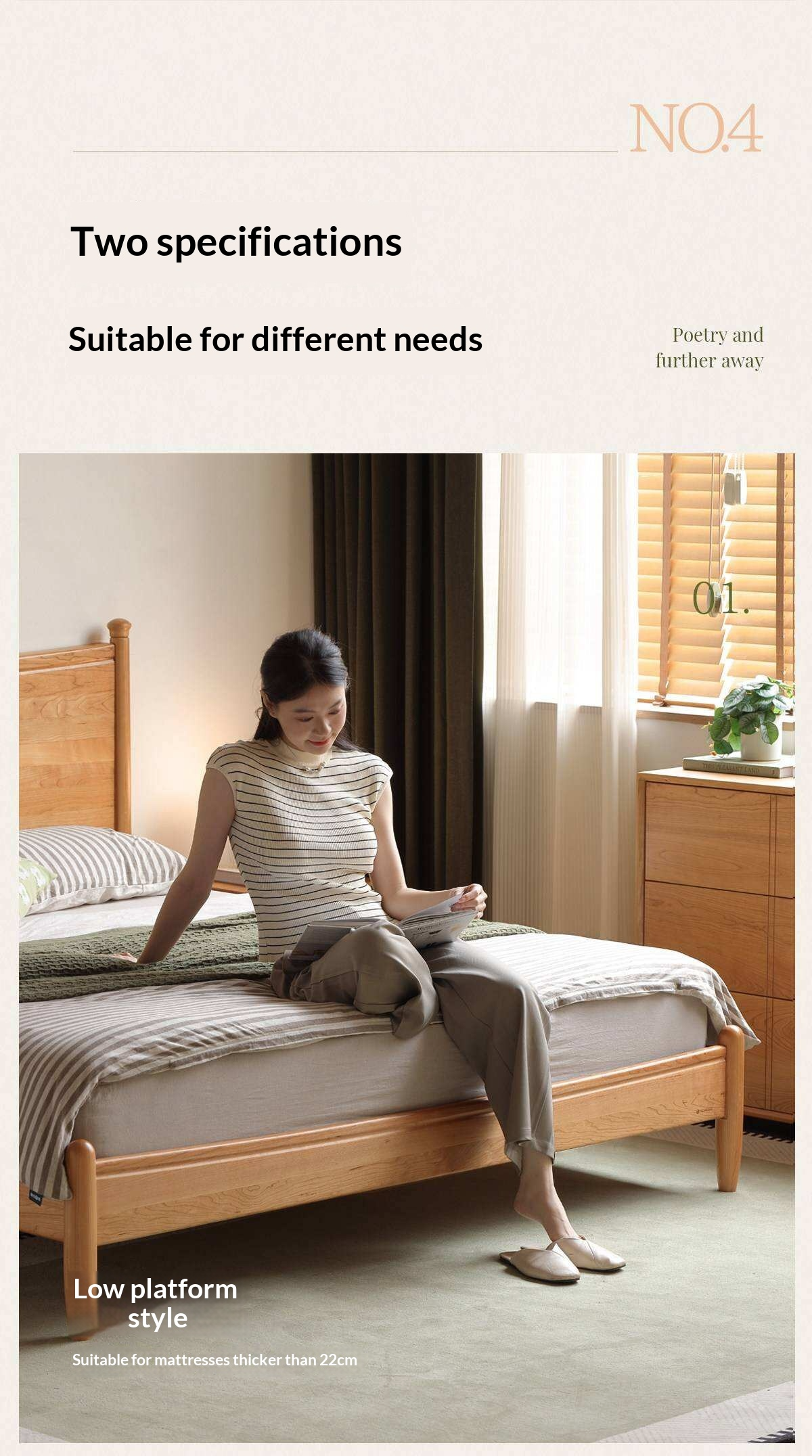 Cherry Solid Wood Nordic Platform Bed with Curved Panel Headboard