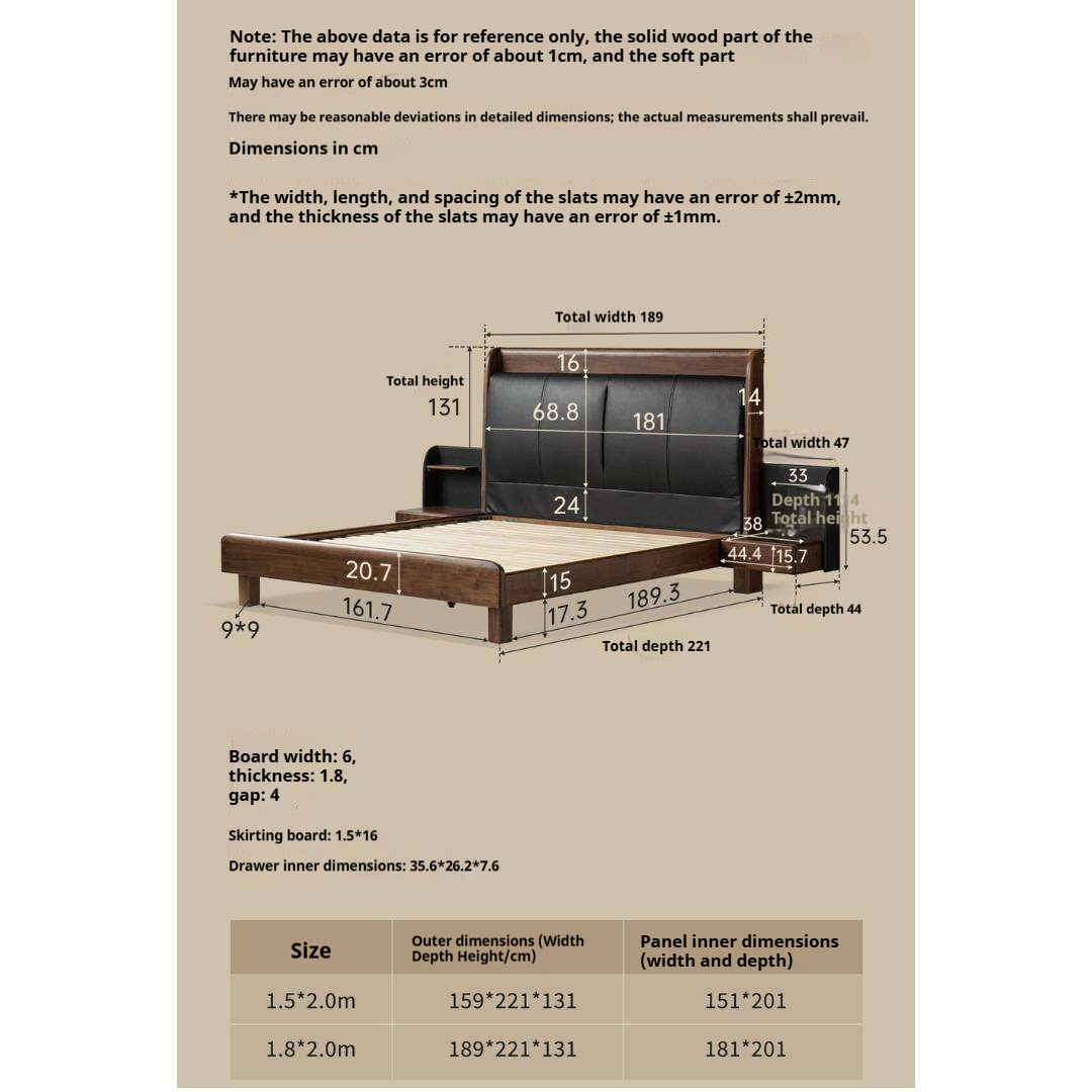 Black Walnut Solid Wood Genuine Leather Curved Leather Bed with Floating Base and LED Lighting