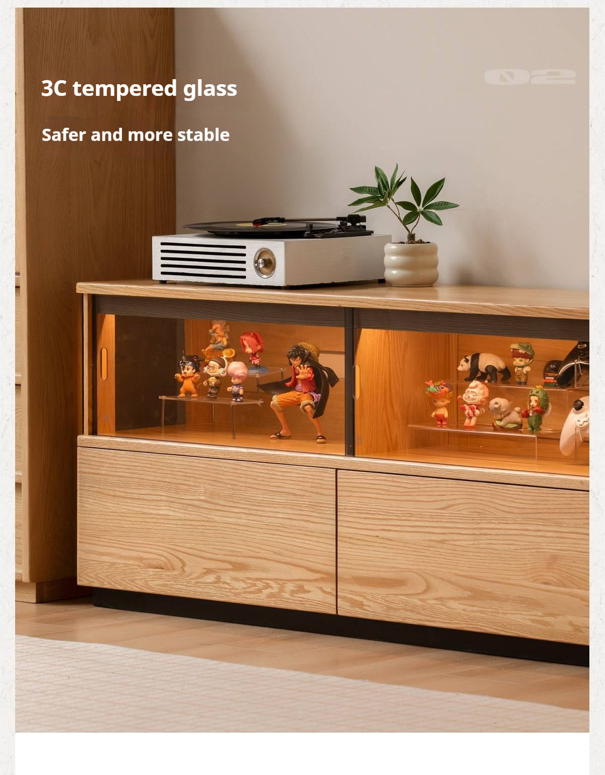 Oak Solid Wood TV Console with Illuminated Glass Display Case and Drawer Storage