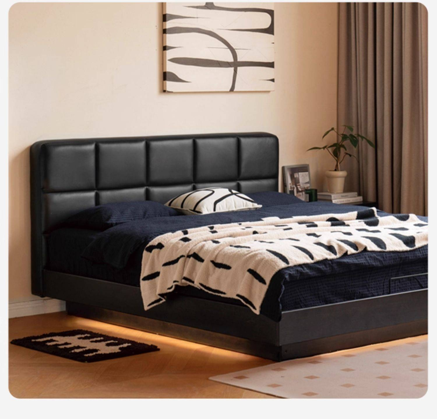 Oak Solid Wood Genuine Leather Upholstered Box Bed Retro Black Floating Bed