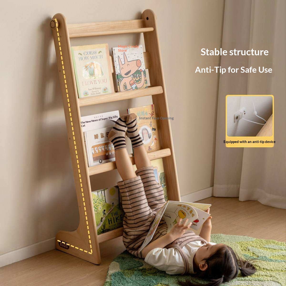 Poplar Solid Wood Children’s Bookcase with Drawing Board and Storage Shelf