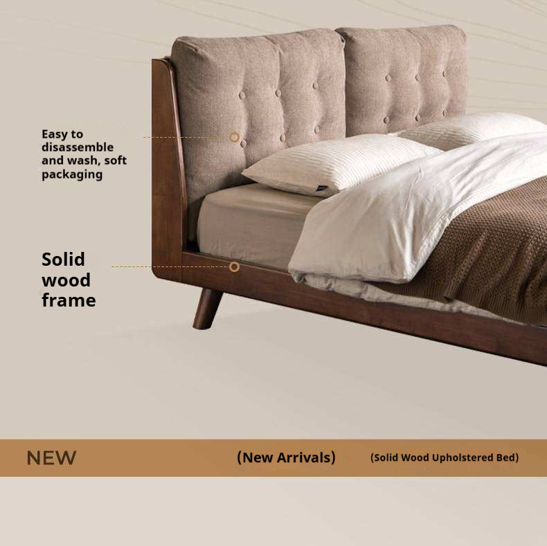 Rubberwood Solid Wood Bed with Oversized Soft Pillow Headboard