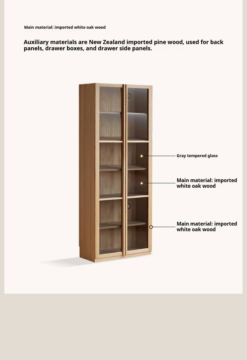 White Oak Solid Wood Bookcase and Display Cabinet with Glass Doors and Built-In Lights