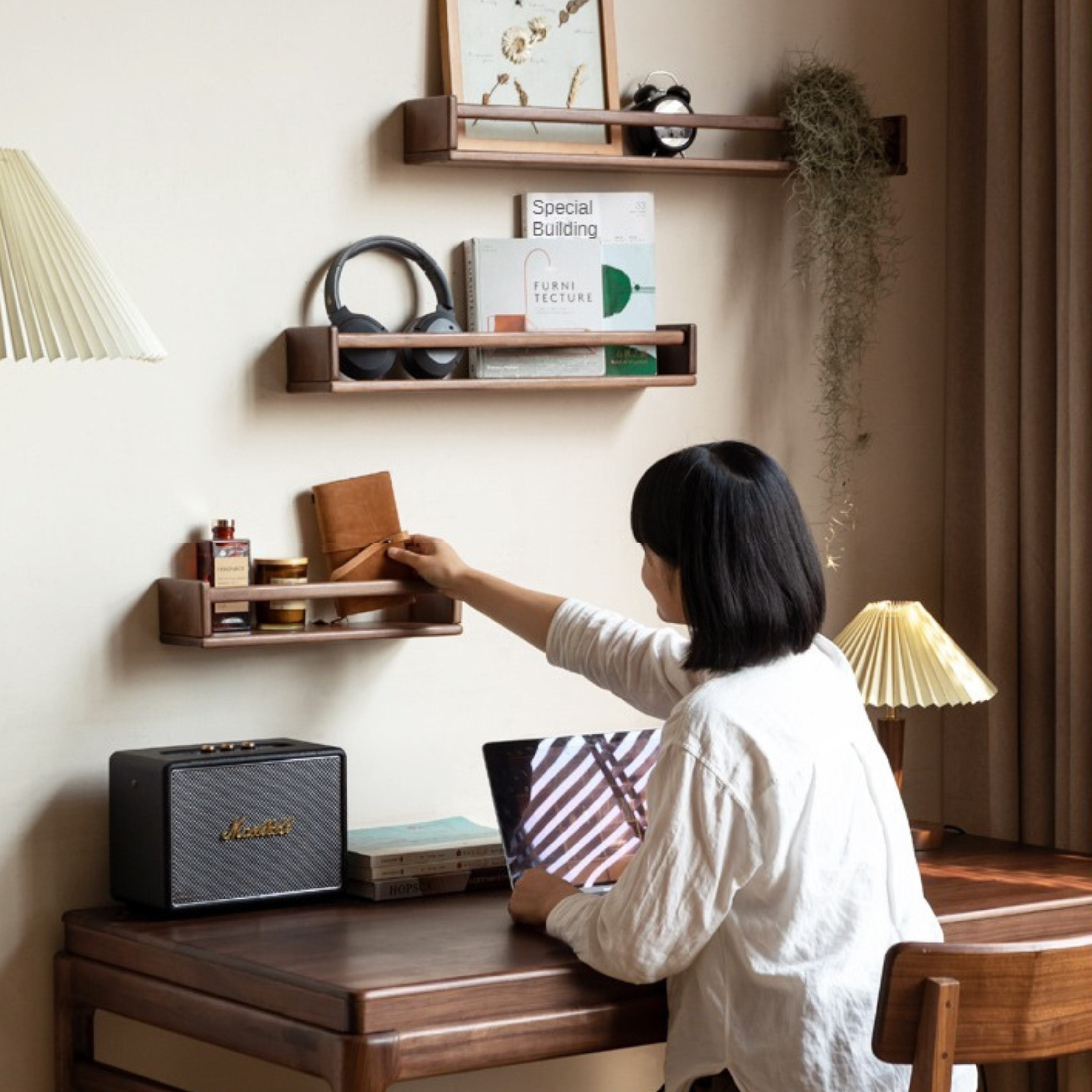 Black walnut, Cherry solid wood wall rack hanging storage bookshelf