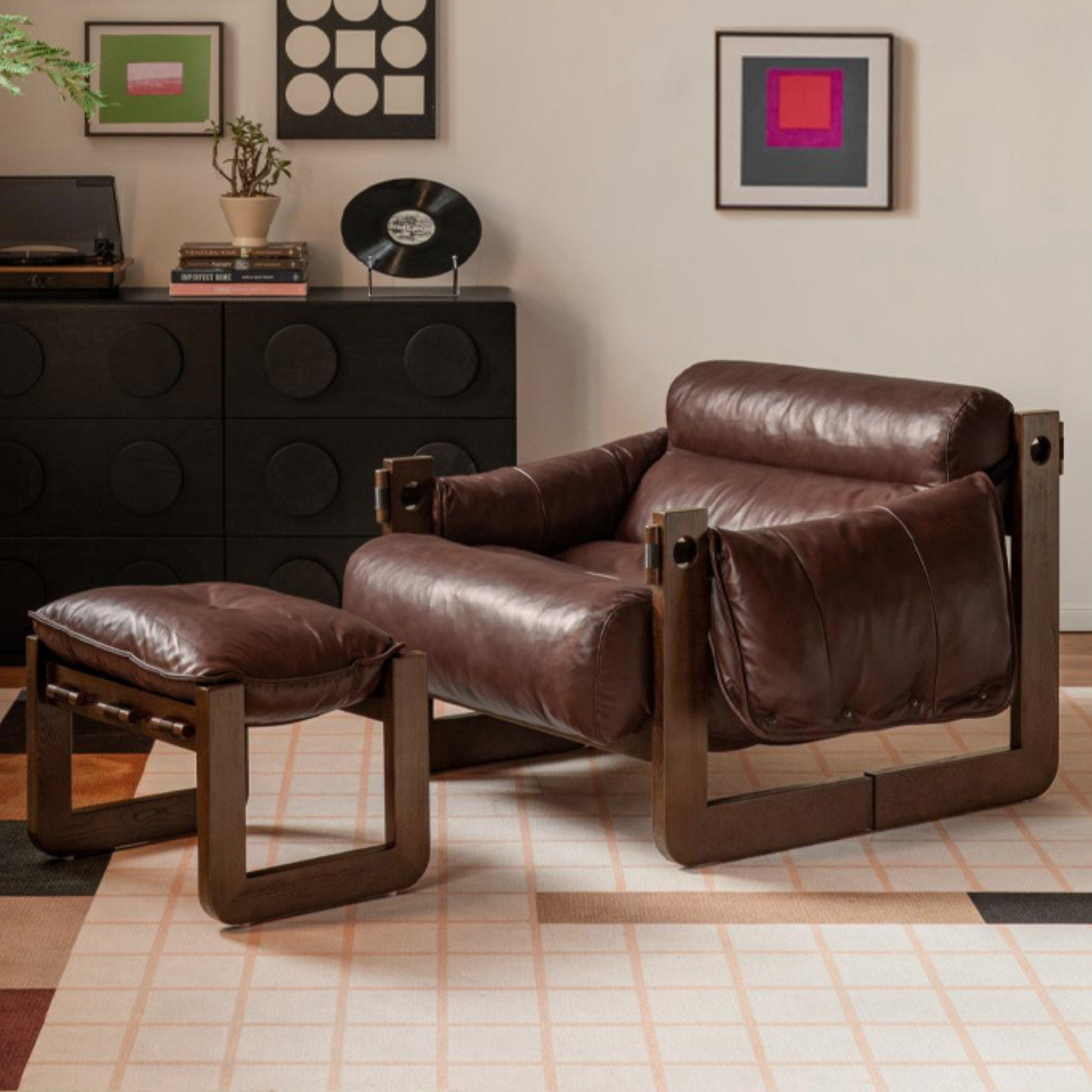 Genuine Leather Ash Solid Wood Sofa Chair, Mid-Century Style, Jersey Island Collection