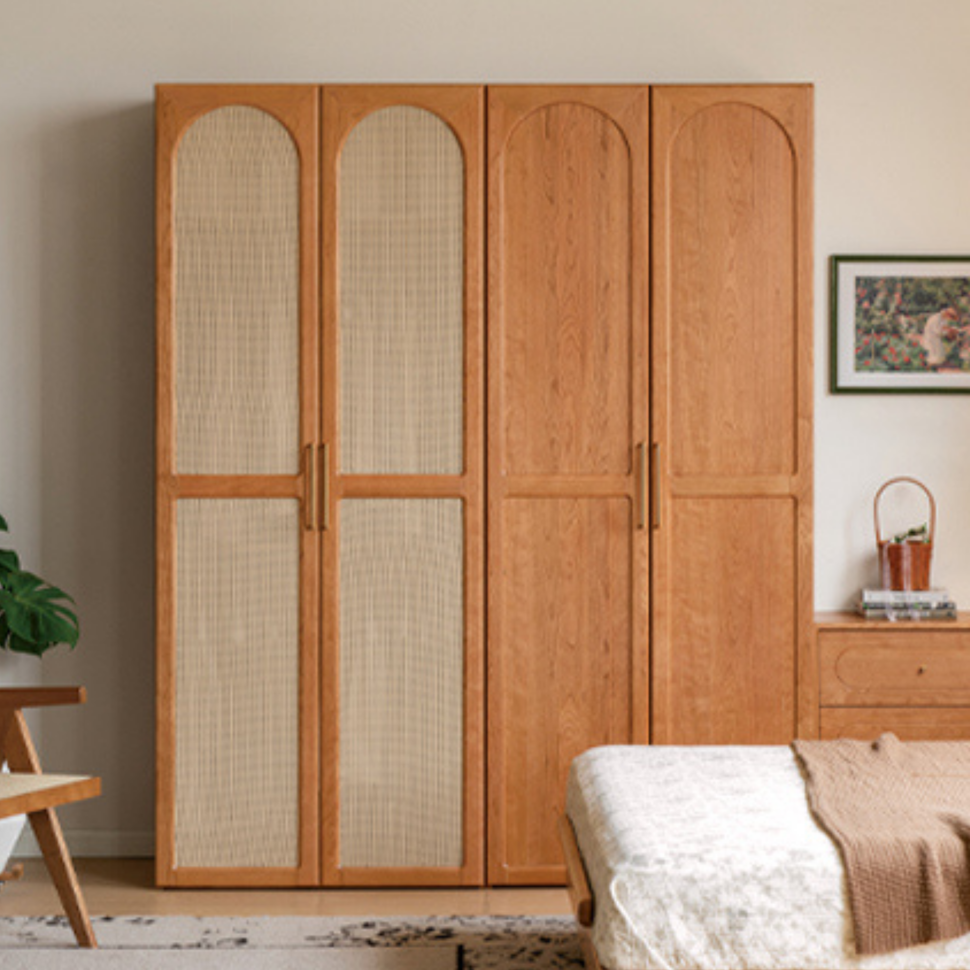 Cherry Solid Wood Swing Door Rattan Wardrobe