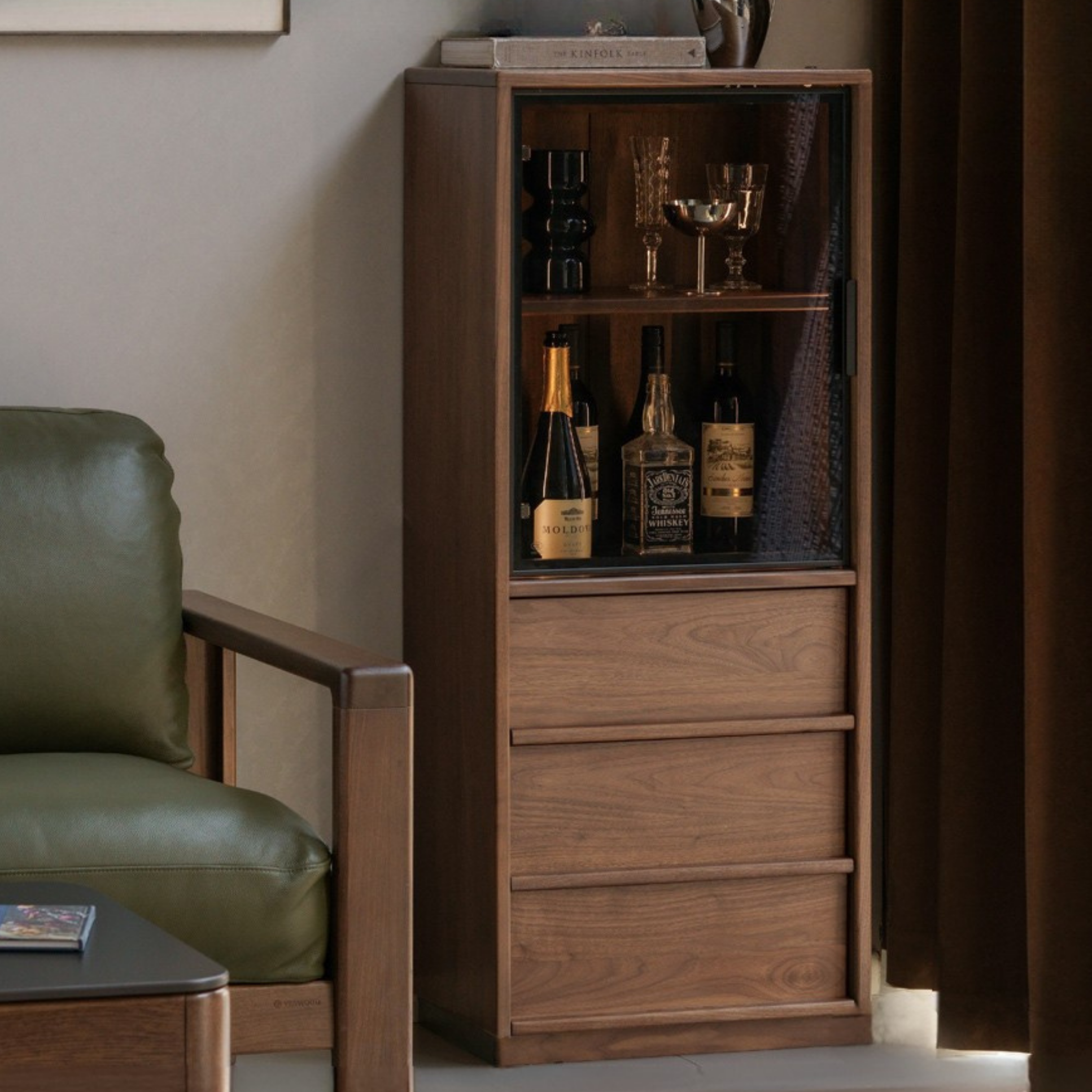 Black Walnut, Ash Solid Wood Side Cabinet With Light Display